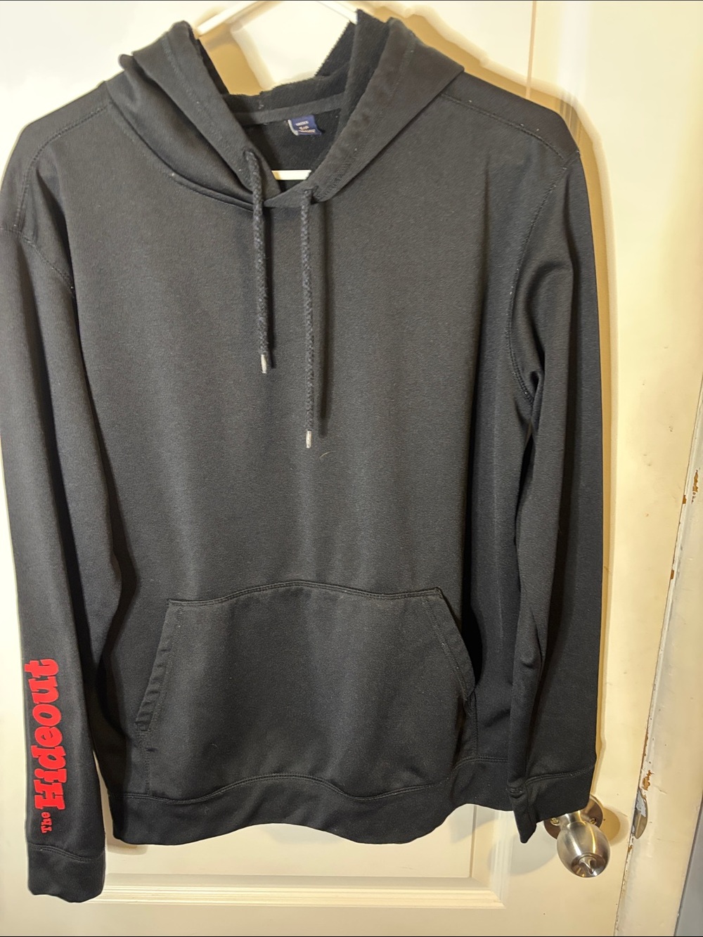 Source Unknown Black Hoodie with Red Sleeve Lettering “The Hideout”
